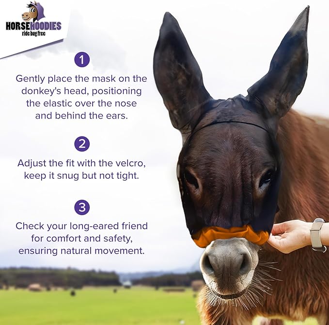 Donkey Fly Mask with Long Ears (Black) Made in USA - Mule Fly Mask with Ears Protection from Insects and Bugs, Mini Donkey Soft Mesh Fabric with Adjustable Fastener, Face Cover Supplies for Donkeys