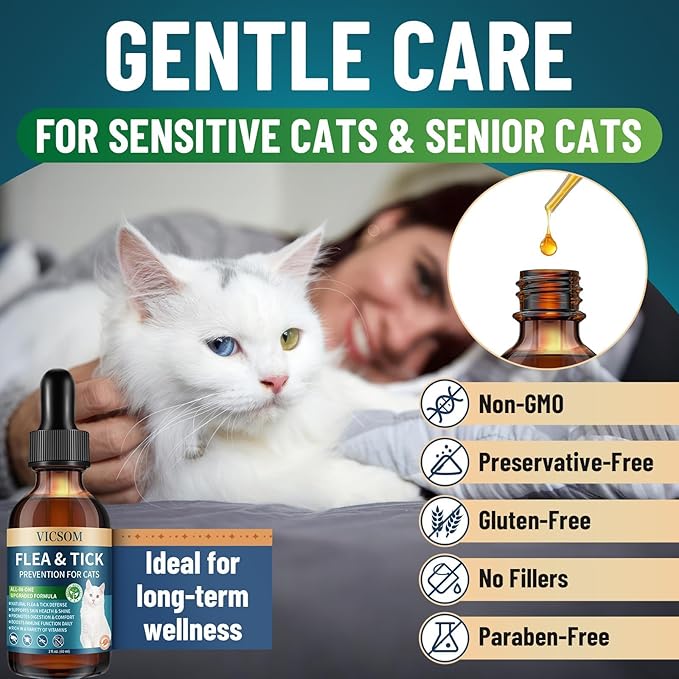 Natural Flea and Tick Prevention for Cats, Herbal Cat Flea and Tick Treatment Support Drops Flea Support with Prebiotics Probiotics for Cats Kitten - Ideal for Sensitive Cat - Salmon Flavor