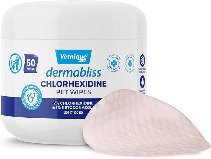 Vetnique Dermabliss Chlorhexidine for Dogs Skin Health Antibacterial Wipes for Dogs for Infections, Irritation & Redness Relief (Skin Wipes, 50 Count)