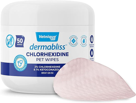 Vetnique Dermabliss Chlorhexidine for Dogs Skin Health Antibacterial Wipes for Dogs for Infections, Irritation & Redness Relief (Skin Wipes, 50 Count)