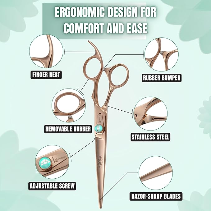 Kenchii Rose Dog Grooming Scissors, 7 Inch Straight Shears, Dog Scissors for Grooming, Ergonomic Design for Comfort and Precision, Heavy Duty, Durable and Sharp