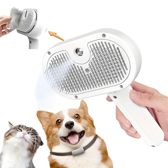 3-in-1 Cat Steam Brush – Pet Grooming & Shedding Comb with Gentle Steam Spray, One-Click Hair Release, for Long & Short Hair Cats & Dogs (White)