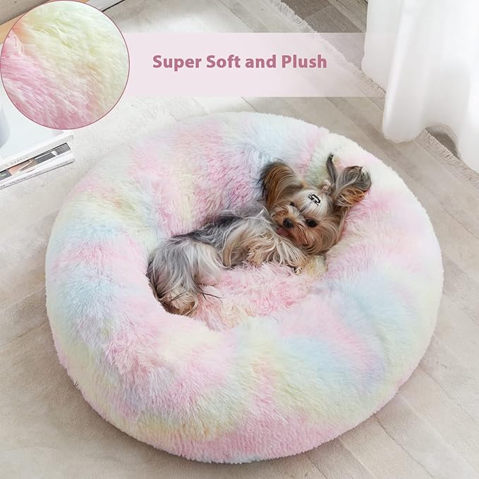 WNPETHOME Calming Dog Bed Cat Bed Donut, Faux Fur Pet Bed Self-Warming Donut Cuddler, Comfortable Round Plush Dog Beds