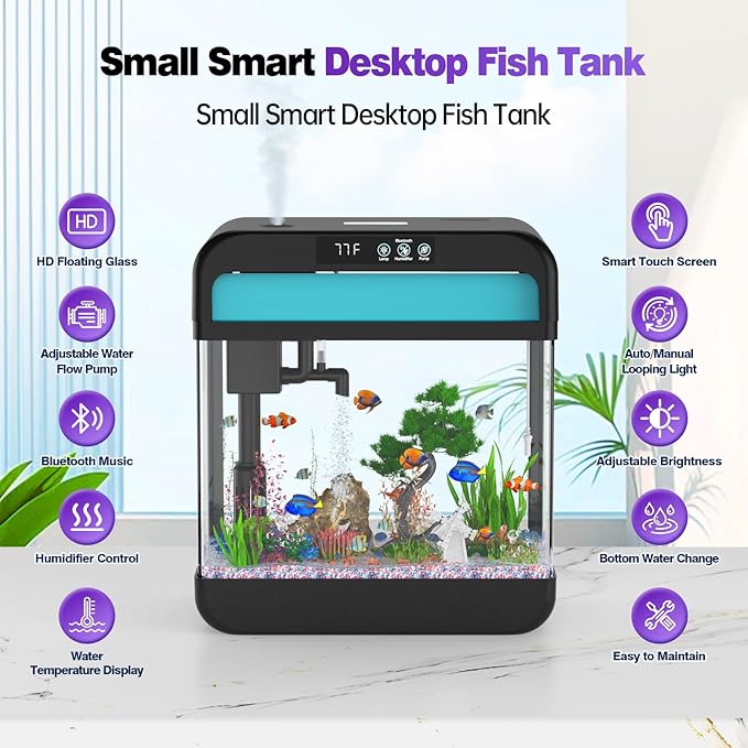 Fish Tank 2.2 Gallon Fish Aquarium with Music Humidifier 7 Color Auto-Looping Light Adjustable Water Pump with Filtration & Aeration & Circulation, Temperature Display, Bottom Water Changer