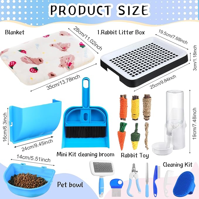 19 Pcs Rabbit Starter Kit Small Bunny Litter Box Rabbit Grooming Kit Water Bottle Bunny Toys Hay Feeder Bowl Blankets with Cleaning Set for Guinea Pig Accessories(Black,Cloud)