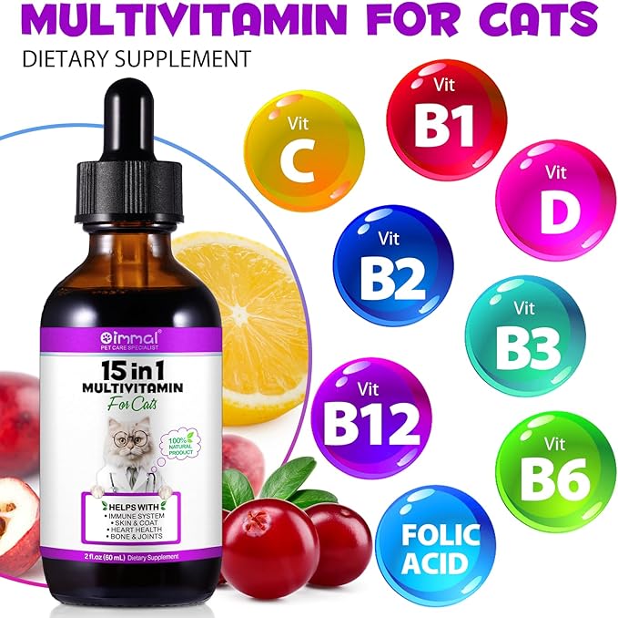 Cat Multivitamin, 15 in 1 Cat Multivitamin Liquid Drops, Cats Vitamins and Supplements with Glucosamine and Probiotics, Bones, Joint, Skin & Coat, Bladder, Immune System Support, 60ML