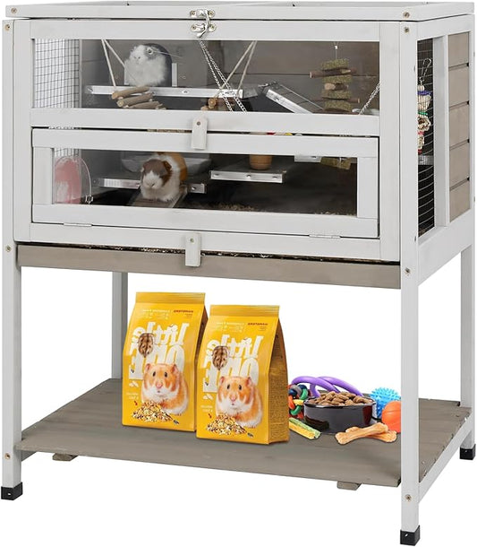 Guinea Pig Cages Wooden Hamster Cage Indoor with Stand and Storage Outdoor Small Animals Habitat with Metal Edges Ramps Hideout House,No Leak and Pull Out Tray, Easy Clean