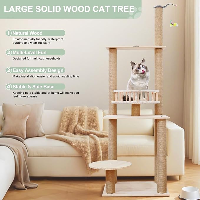 Wood Cat Tree 17” x 16”x 53” Modern Sturdy Cat Tower with Double Condos Hand-Woven Beds & Toys Multilevel Huge Paws Pals Tree Indoor Cat Furniture for Big Cats