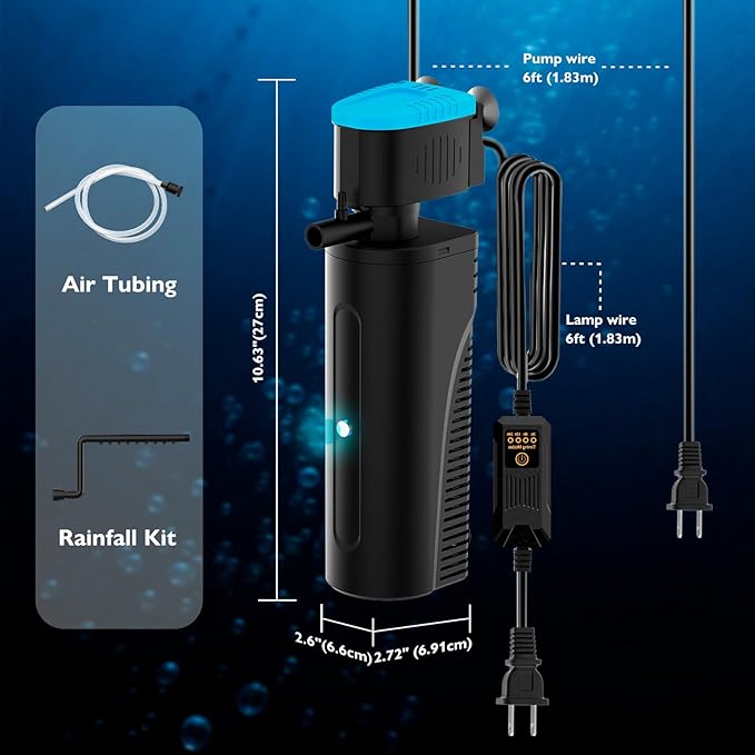 Aquarium Filter with Aeration & Rainfall Mode, U - V Fish Tank Filter with Timer (3/6/12/24 Hours) for Green Water Cleaning, Turtle Tank Filter with Efficient Filter Sponge (30-70Gal)
