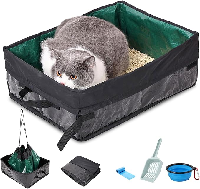 Travel Litter Box for Cats, Foldable Portable Litter Box, Leak Proof Cat Travel Carrier with Kitty Litter Scoop Bowl, Collapsible Waterproof Odor Free Easy Carrier for Car Outdoor