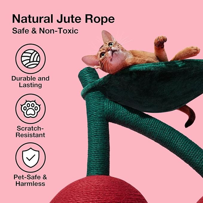 VETRESKA Cat Scratching Post, Large Cherry Cat Scratcher with Hammock, Tall Cat Scratch Interactive Toy with Natural Sisal Rope for Indoor Cats, Kittens