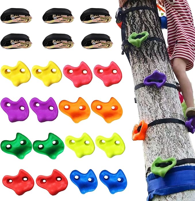 KINSPORY 16PC Tree Climbing Holds and 6pc Tree Ratchet Straps Climber Kit, Oversized Pig Nose Climb Rock Holds Kit for Outdoor Ninja Warrior Obstacle Course Training