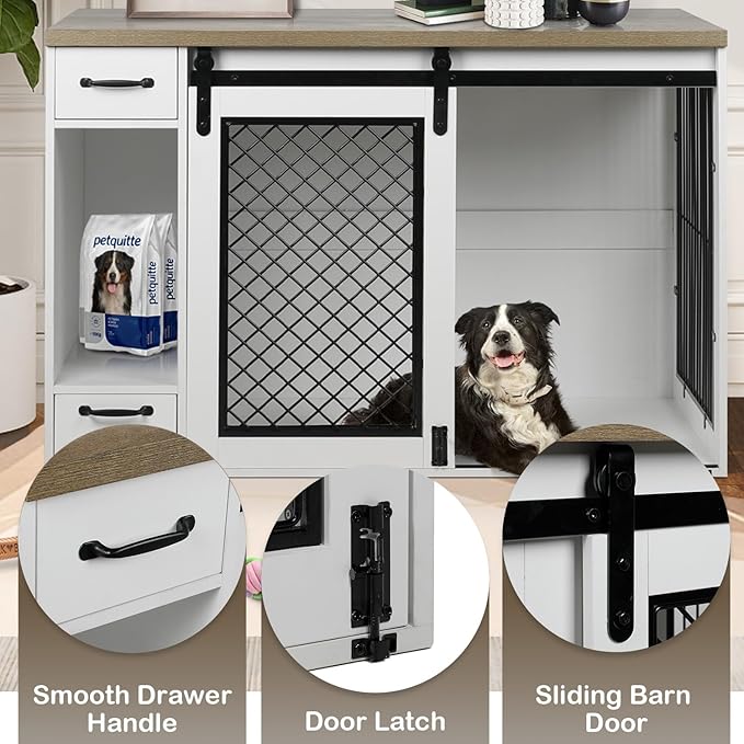 Large Dog Crate, Dog Crates for Medium Dogs, 47.2" Dog Kennel Indoor with Drawers, Feeder Bowls and Storage, 2 Sliding Doors, Heavy Duty Dog Crate Farmhouse Modern Side End Table for Small Medium Dogs