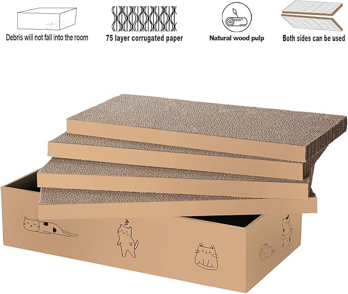 4 Packs in 1 Cat Scratch Pad with Box, Cat Scratcher Cardboard,Reversible,Durable Recyclable Cardboard, Suitable for Cats to Rest, Grind Claws and Play with Scratch Box