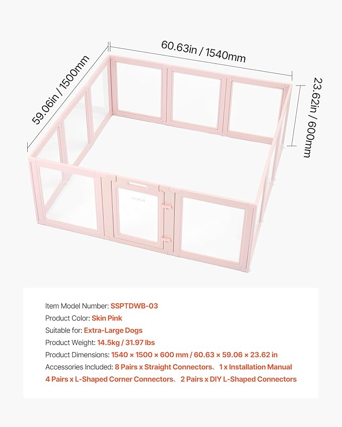 VEVOR Clear Acrylic Dog Playpen Indoor, 60x59x23 in Transparent Plastic Dog Playpen for X-Large Sized Dogs, Easy Assemble Waterproof Puppy Playpen, Easy to Clean,Durable Indoor Pet Dogs Cats Fence Kit