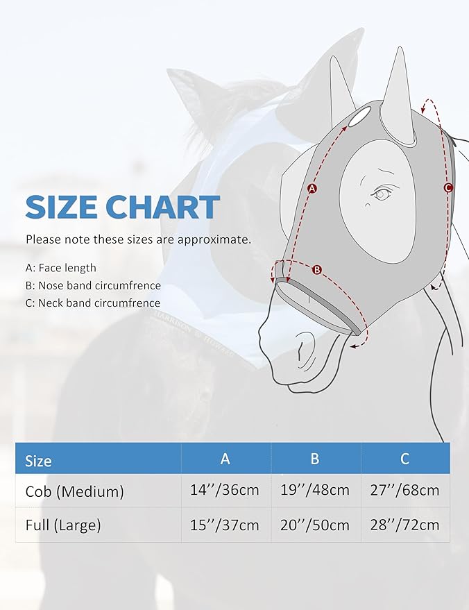 Harrison Howard Horse Fly Mask with Forelock Opening Stretch Breathable and Comfortable for Horses UV -Protection Ice Blue L