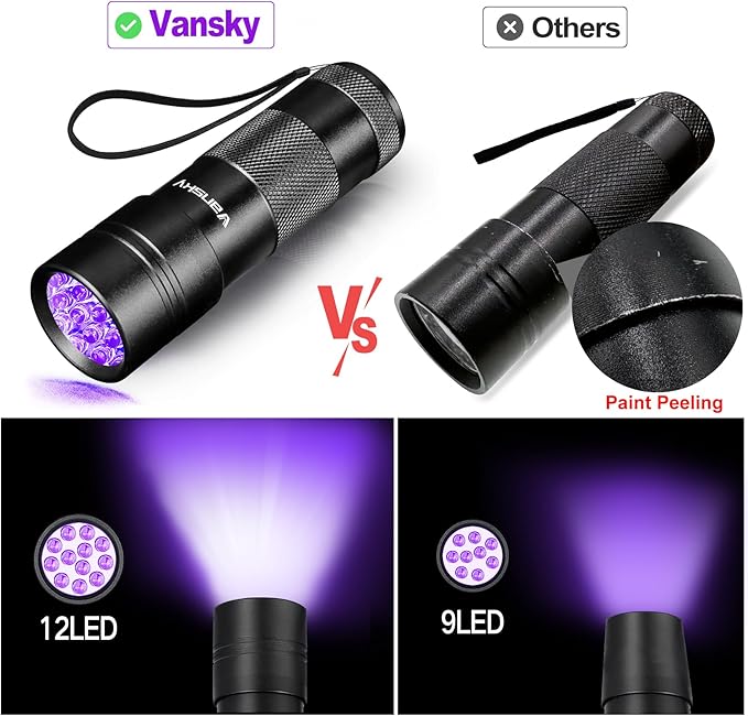 Black Light UV Flashlight,Vansky Blacklight 12 LED Urine Detector For Dog/Cat/Pet Urine & Dry Stains and Bed Bug On Carpets/Rugs/Floor,Matching with Pet Odor Eliminator