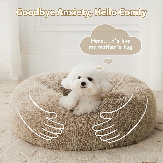 WNPETHOME Calming Dog Bed, Anti-Anxiety Donut Small Dog Bed, Fluffy Faux Fur Cat Cushion, 27 x 27 inch, Brown