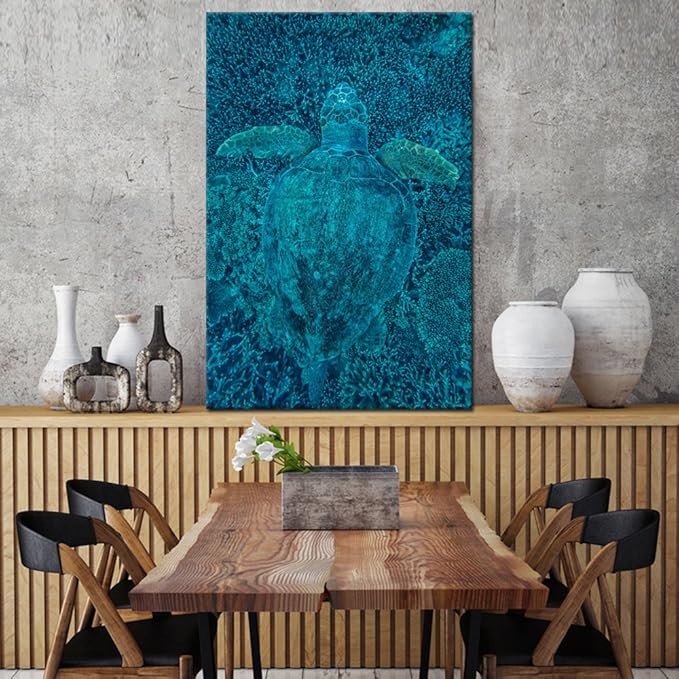 KREATIVE ARTS - Green Turtle Hidden in Coral Canvas Prints Sea Wall Art Underwater Sea Painting Print On Canvas Animal Pictures Framed Artwork For Home Office Decoration Gift 24x36inch