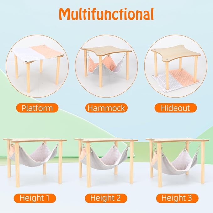 YUEPET Guinea Pig Hammock with Stand, Wooden Guinea Pigs Hideout Soft Ferret Hammock for Cage with Platform for Guinea Pig Ferret Dwarf Rabbit Chinchilla Hamster
