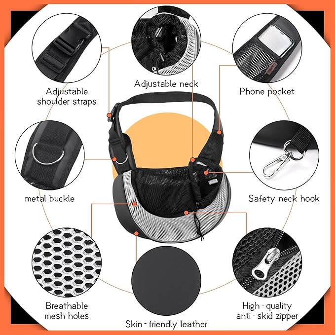 YUDODO Pet Sling Carrier for Small Dogs & Cats – Hands-Free Puppy Carrier with Safety Hook, Large Zipper Pocket, Soft Breathable Mesh, Adjustable Strap & Reflective Strip (Gray 3.0 S)