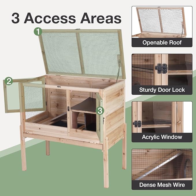 Guinea Pig Cage with Wooden Stand - Hamster Cage, Small Animal Cage Anti Chew Ramp, Hideout, Platform, Pull Out Tray (Wood, L)