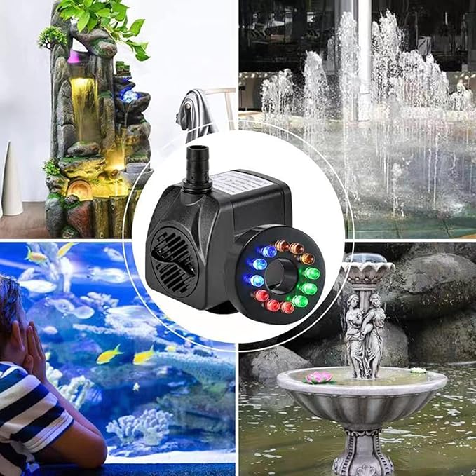 15W 1000L/H Submersible Fountain Water Pump with 12 Colorful LED Lights, Mushroom and Blossom Spray Head for Fountain,Pond,Outdoor Water Feature, Statuary Gardens,Aquarium Fish Tank