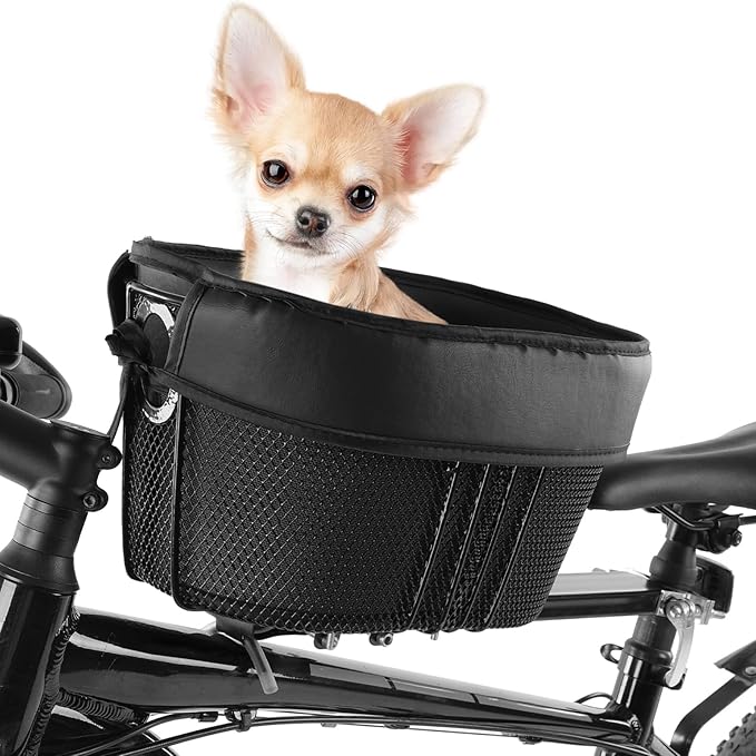 Dog Bike Basket Mountain Bike Shopping Basket Portable Cat and Dog Carrier for Bike Front Crossbar with Sponge Liner ty Strap (Black)