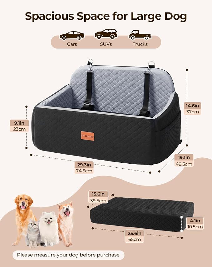 Dog Car Seat for Large Medium Dogs, Pet Car Seat Under 55 lbs or 2 Puppies, Removable Washable Pets Travel Booster Bed for Automotive Backseat with Comfy Thick Cushion, 2 Safety Leashes(Black/Gray)