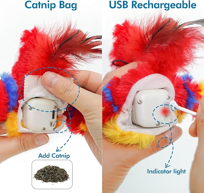 Vannon Cat Toys Flapping Bird(Cannot Fly), Rechargeable Touch Activated Kitten Toy Interactive Cat Exercise Toys with Catnip and Feather for Indoor Cat - Red