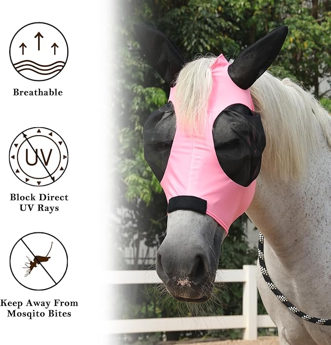 Horse Fly Mask with Ears - Large Eye Space for Full Vision, Breathable Stretch Comfort Fit, UV Protection, Forelock Opening, Easy Pull-On Pink Cob