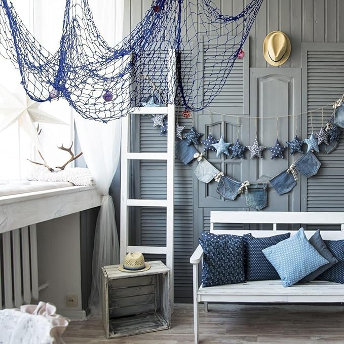 Rosoz Nautical Decorative Fishing Net, Sea Theme Fish Net Decor for Party/Wall Decoration Background,Blue,79inch x 59inch