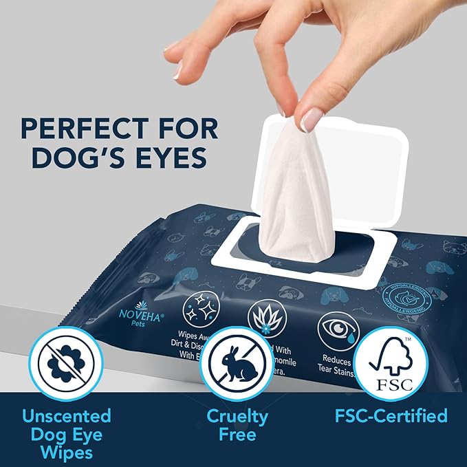NOVEHA Dog Eye Wipes - Tear Stain Remover for Dogs - Formulated to Remove Eye Debris, Tear Stains & Eye Discharge - Plant Based, Safe, Convenient, and Large Unscented Wipes (100 Count x 1 Package)