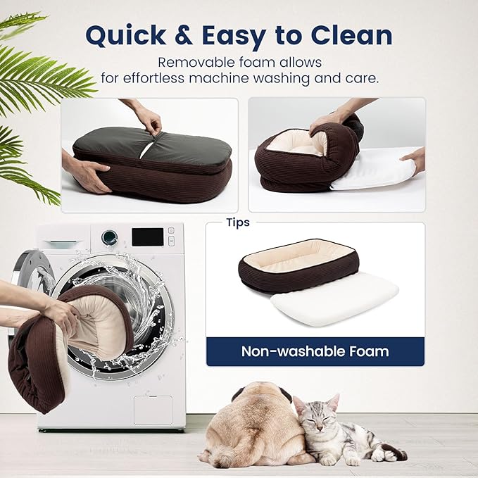 Orthopedic Dog Bed Small Washable, Egg Crate Foam Cat Bed for Senior Cat,Oval Kennel Bed, Pet Couch Bed with Four Sided Bolster, Removable Washable Cover Non-Slip Bottom, Brown