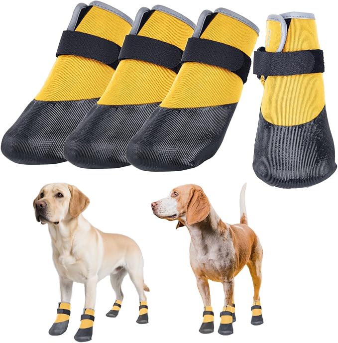 Dog Shoes Lightweight Dog Boots-Breathable Knitted Paw Protector with Adjustable Strap for Hot Pavement, Rain Walking, Hardwood Floors Anti Slip Reduce Noise, Prevent Licking Paws(Yellow,XXL)