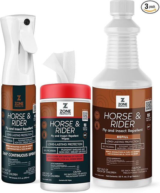 Horse & Rider Fly/Insect Repellent Starter Pack; Picaridin Based 10oz Continuous Spray, 32oz Refill, 80-Count Face/Ear Wipes