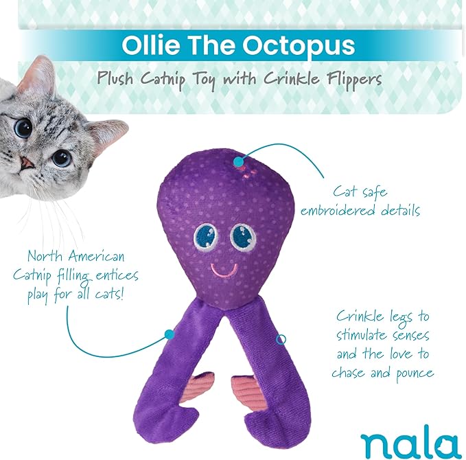 Caitec Presents Nala Cat Ollie The Octopus - Catnip Toy - Interactive Cat Toy - Chew Toy - Pillow Toy, 2 Pack