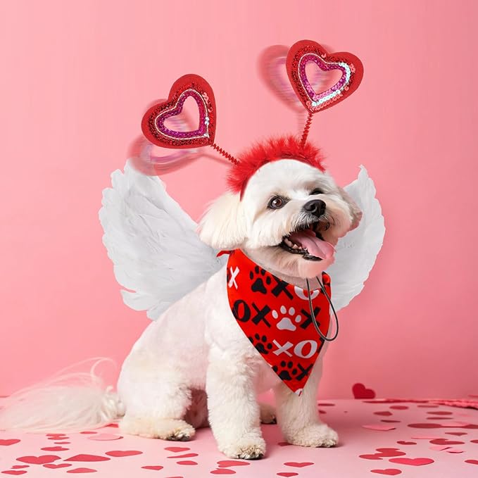 SCENEREAL Dog Outfit/Birthday Bandana with Feather Wing & Heart Headband Dogs Girls Set, Red Puppy Kitty Party Supplies for Small Medium Dogs Cats, Pet Costumes-(Small)
