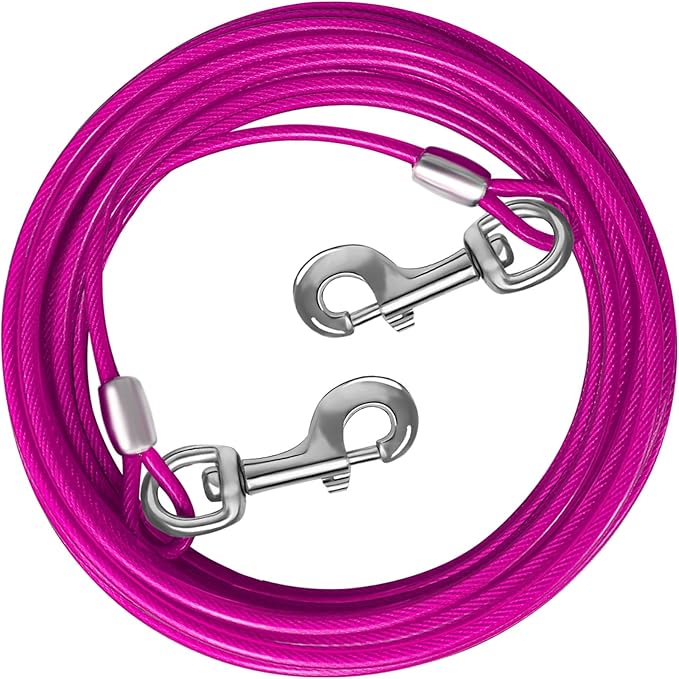 Dog Tie Out Cable 10/15/20/25/30 FT Runner for Yard Steel Wire Cable with Durable Superior Clips Pink Chains for Outside Dog Lead for Large Up to 165 Lbs