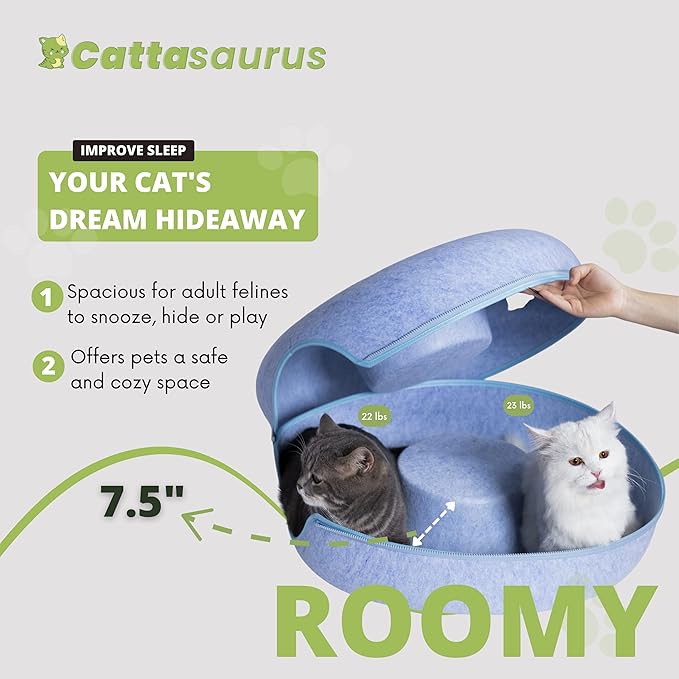 CATTASAURUS Peekaboo Cat Cave for Multiple & Large Cats Up to 30-45 Lbs, Scratch Detachable & Washable Tunnel Bed, Comfy Donut Cat Cave (Blue, Large)