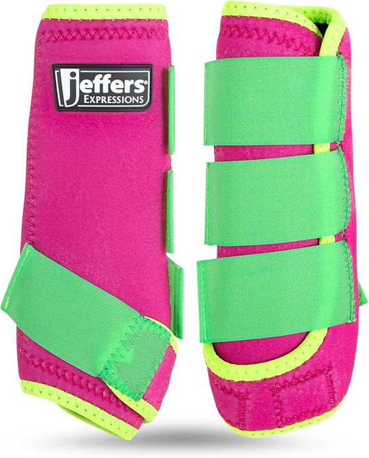 Jeffers Expression Neon Horse Boots 1 Pair – Pink & Lime, Breathable Neoprene with Secure Strap Closures, Durable Premium Protection for Jump Training & Trail Riding – Front & Hind, Large Size