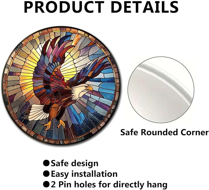 Lygond Metal Sign Tin Sign Circular Stained Glass Eagle Kitty Decor For Pet 8×8 Inches