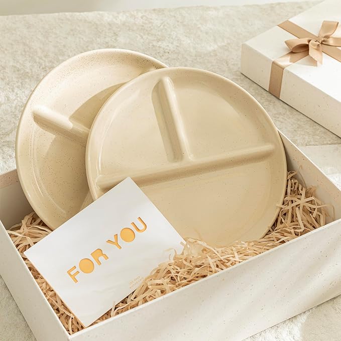 Sweese Set of 2 Porcelain Divided Dinner Plates, Beige High-Grade Durable Professional, 9 Inches, 2.0 Count