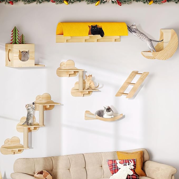 Cat Wall Shelves and Perches, Solid Wood Wall Mounted Cat Furniture, Set of 13 Cat Climbing Shelves with Moon Hammock, House, Wall Ladder, Scratching Post and Cat Tunnel