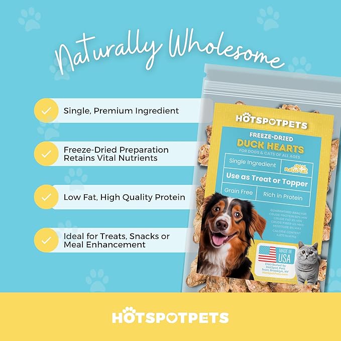 hotspot pets Freeze Dried Duck Heart Treats for Cats & Dogs - Made in USA, 1LB Big Bag - Single Ingredient All Natural Grain-Free Duck Hearts - Perfect for Training, Topper or Snack