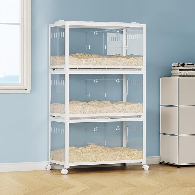 Large Metal Hamster Enclosure Rat Cage with 360 Viewing Acrylic Sides, Ventilated Front Door & Openable Top, Portable Hamster Tank for Guinea Pig, Chinchilla, Gerbil, 37.8''Lx18.5''Wx20''H White