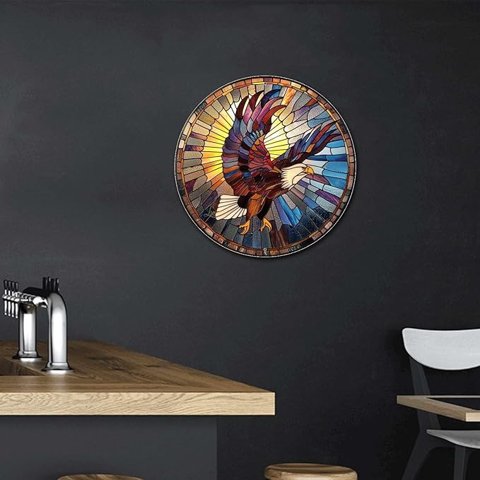 Lygond Metal Sign Tin Sign Circular Stained Glass Eagle Kitty Decor For Pet 8×8 Inches