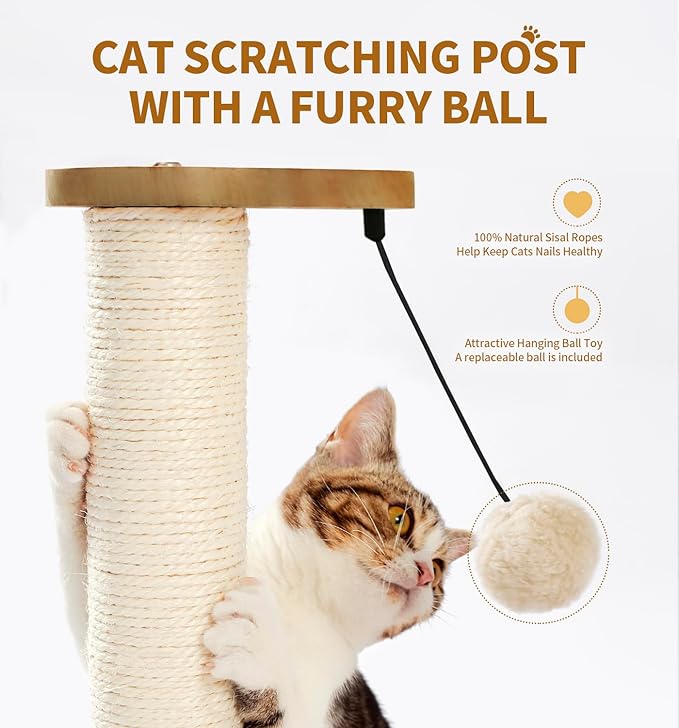 Made4Pets Cat Scratching Post Cat Scratcher Kitten Toys for Indoor Cats Wooden Ball Track Two-Layer Modern Sisal 32" Tall Scratch Post Interactive Toy with Dangling Ball Large Size