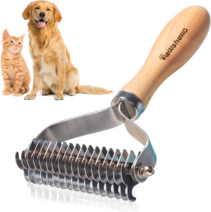 Undercoat Rake for Dogs - Professional Pet Shedding Dematting Comb with Wood Handle, Stainless Steel Blades for Pet Cats Dogs Matted Hair Tangles Removing