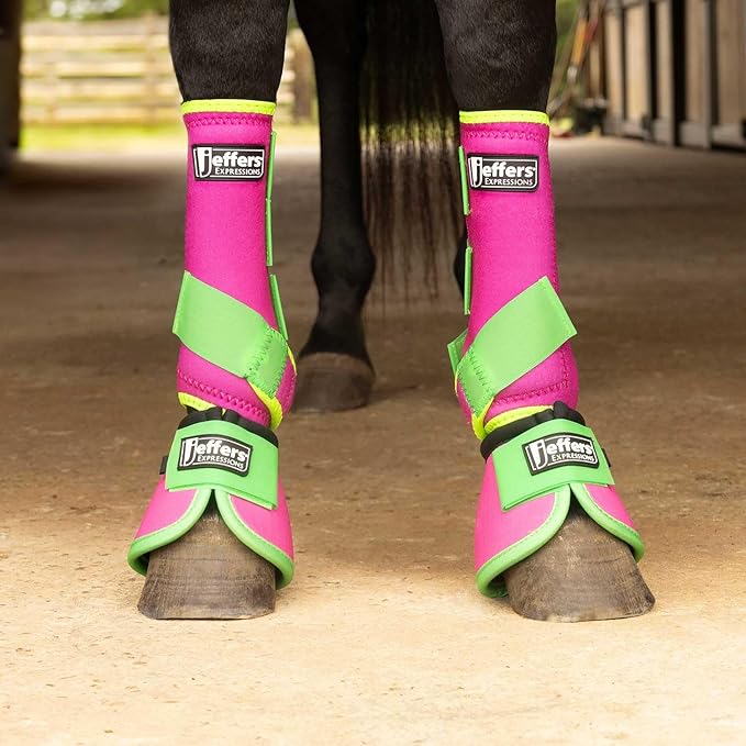 Jeffers Equine Neon Horse Boots – 1 Pair – Pink & Lime – Small Size – Breathable Neoprene, Secure Strap Closures – Durable Protection for Front & Hind Legs, Training, Trail & Riding Use